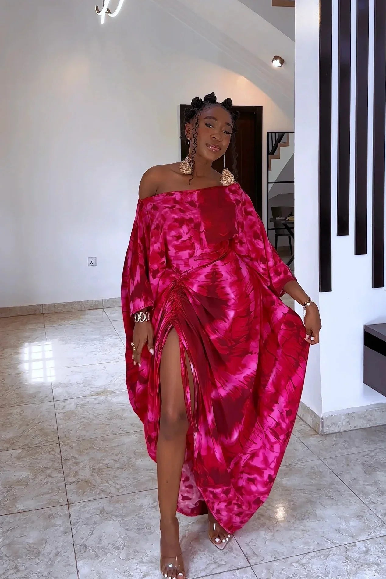 Radial Pattern Off-Shoulder Maxi Dress
