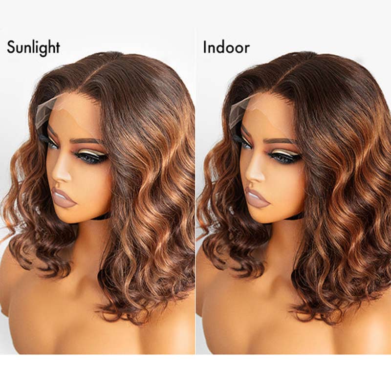 QVR Loose Wave 13x4x1 T part Lace Ombre Brown Human Hair Wigs Glueless Short Bob Wig