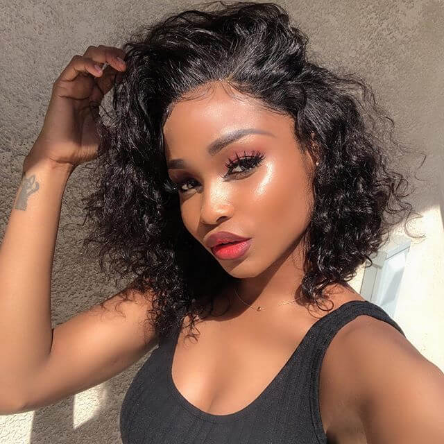 QVR Natural Black Side Part Water Wave Glueless T Part Lace Wigs Short Bob Wig