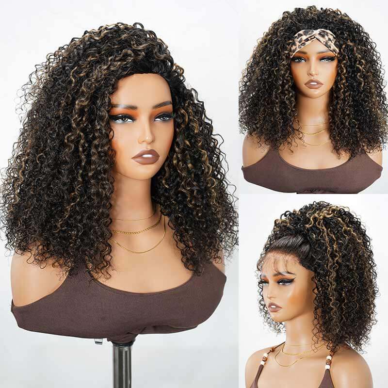 QVR Glueless Dark Brown Twist Curly Half Wig with Black Roots 250% Density Human Hair Wig #T1B/4 Wear Go Flip Over Wig
