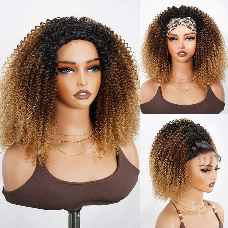 QVR Glueless Ombre Brown Kinky Curly Half Wig with Black Roots 250% Density Human Hair Wig #T1B/30 Wear Go Flip Over Wig