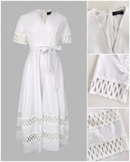 Overlap Deep V-Neck Hollow-out Spliced High Waist Maxi Dress Casual Zipper Back Tie Waist Vacation Dress