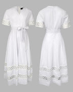 Overlap Deep V-Neck Hollow-out Spliced High Waist Maxi Dress Casual Zipper Back Tie Waist Vacation Dress