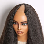 True Scalp Kinky Straight V Part Glueless Human Hair Wig Flexi-Fit Drawstring