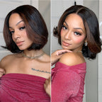 Brown Highlight Silky Short Bob Wig Layered Cut Human Hair Glueless 5x5 Closure Pre-Cut Lace Wig