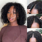 QVR Salt Pepper Kinky Curly V Part Wigs No Leave Out Invisible Lace Edge Human Hair Wig