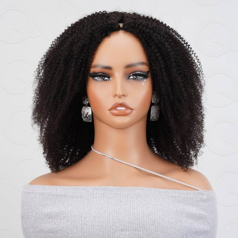 QVR Glueless Burmese Curly V Part Wigs Natural Black Invisible Lace Edge Human Hair Wig