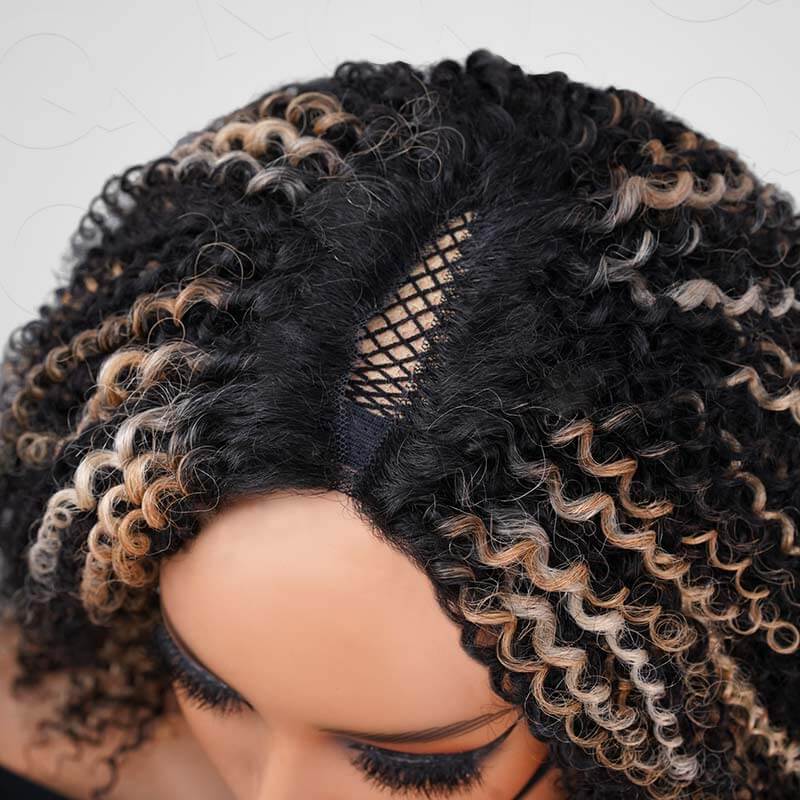 QVR Invisible Lace Edge Kinky Curly V Part Wigs Highlight #1B/27/613 No Leave Out Human Hair Wig