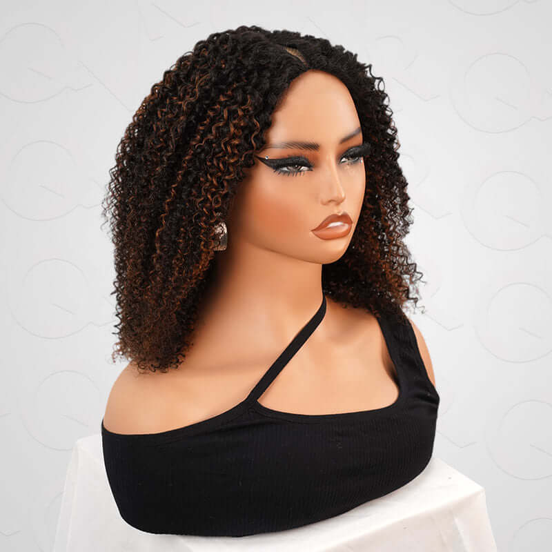 QVR Invisible Lace Edge Kinky Curly V Part Wigs Highlight #1B/30 No Leave Out Human Hair Wig