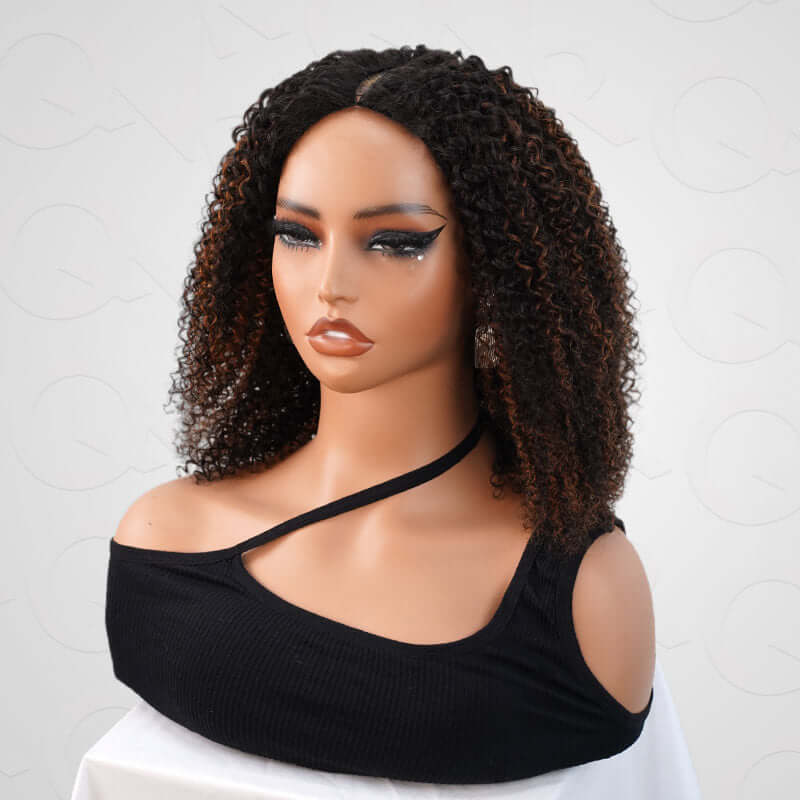 QVR Invisible Lace Edge Kinky Curly V Part Wigs Highlight #1B/30 No Leave Out Human Hair Wig