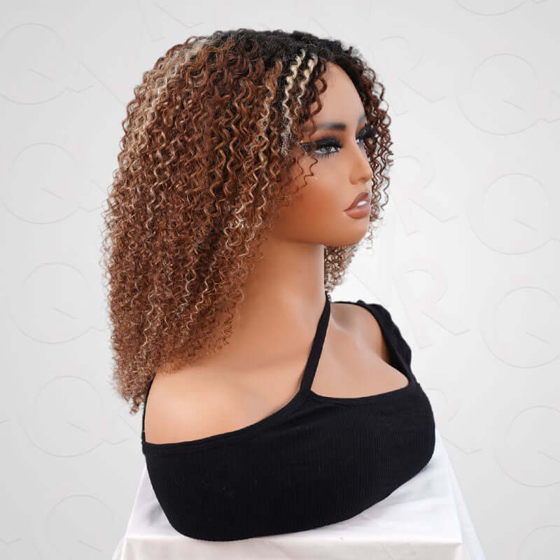 QVR Invisible Lace Edge Kinky Curly V Part Wigs Highlight #1B/33/30/613 No Leave Out Human Hair Wig