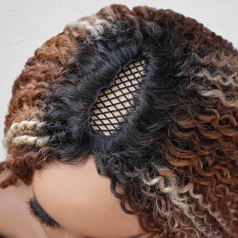 QVR Invisible Lace Edge Kinky Curly V Part Wigs Highlight #1B/33/30/613 No Leave Out Human Hair Wig
