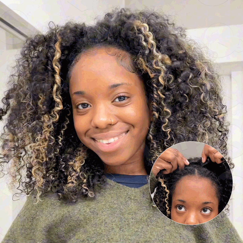 QVR Invisible Lace Edge Kinky Curly V Part Wigs Highlight #1B/27/613 No Leave Out Human Hair Wig