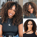 QVR Invisible Lace Edge Kinky Curly V Part Wigs Highlight #1B/27/613 No Leave Out Human Hair Wig