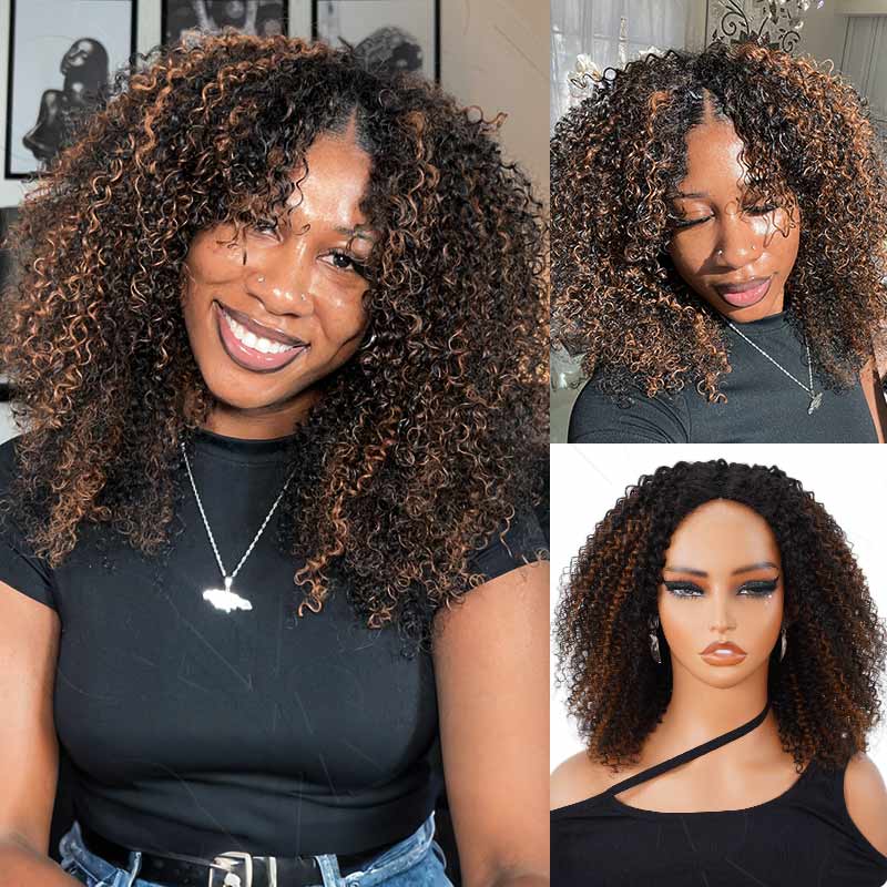 QVR Invisible Lace Edge Kinky Curly V Part Wigs Highlight #1B/27/613 No Leave Out Human Hair Wig