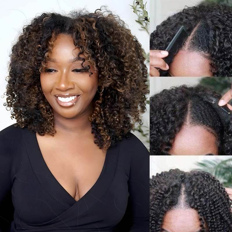 QVR Invisible Lace Edge Kinky Curly V Part Wigs Highlight #1B/30 No Leave Out Human Hair Wig