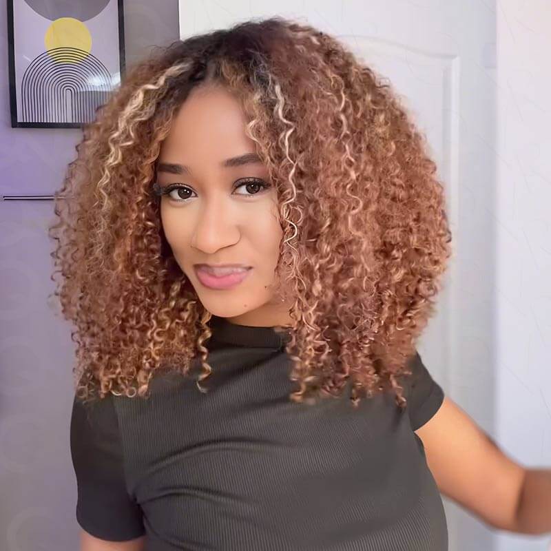 QVR Invisible Lace Edge Kinky Curly V Part Wigs Highlight #1B/33/30/613 No Leave Out Human Hair Wig