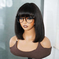 QVR Glueless Straight Short Bob Wig with Bangs Natural Black Minimalist Lace Human Hair Wig