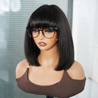 QVR Glueless Straight Short Bob Wig with Bangs Natural Black Minimalist Lace Human Hair Wig