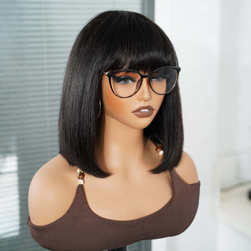 QVR Glueless Straight Short Bob Wig with Bangs Natural Black Minimalist Lace Human Hair Wig