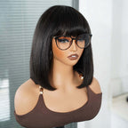 QVR Glueless Straight Short Bob Wig with Bangs Natural Black Minimalist Lace Human Hair Wig