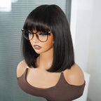 QVR Glueless Straight Short Bob Wig with Bangs Natural Black Minimalist Lace Human Hair Wig