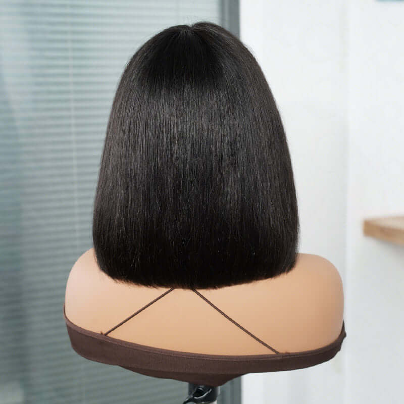 QVR Glueless Straight Short Bob Wig with Bangs Natural Black Minimalist Lace Human Hair Wig