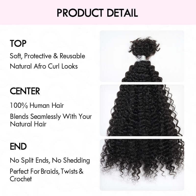 QVR Afro Kinky Curly Human Bulk Hair Extensions for Boho Knotless Braiding