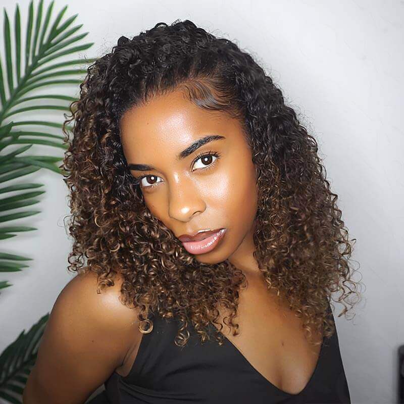 QVR Ombre #T1B/30/27 Small Kinky Curly Machine Made Feather Crochet Human Hair Extensions