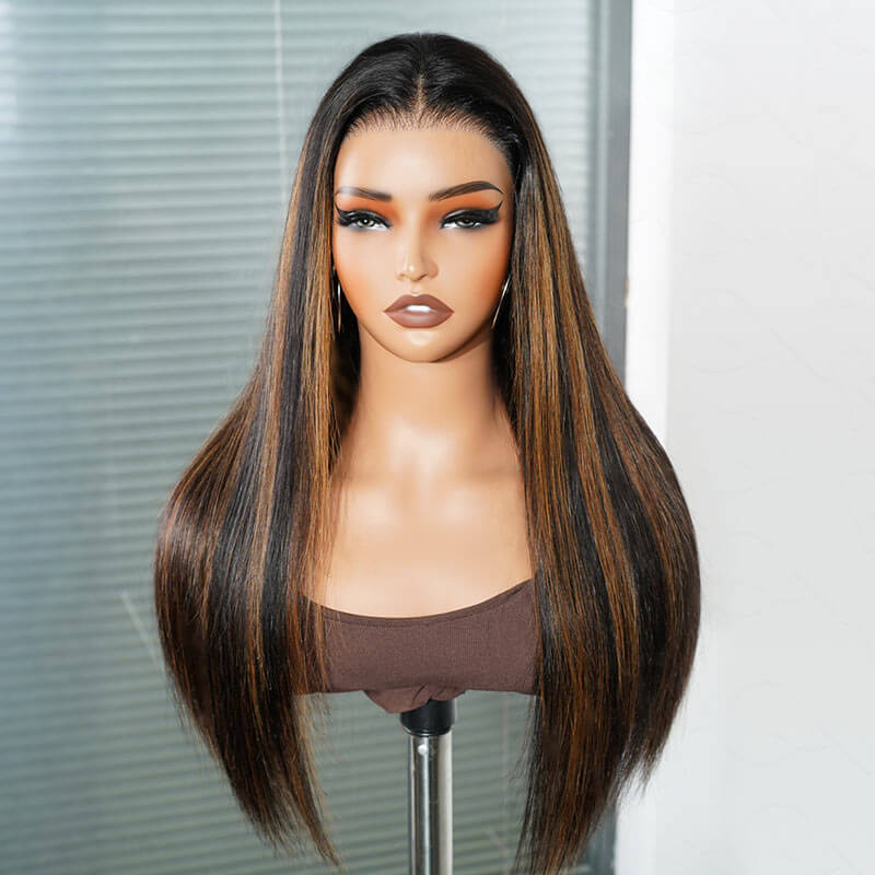 QVR Natural Hairline Brown Highlight Silky Straight Glueless 13x4 Pre-cut Lace Frontal Wig Human Hair