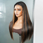 QVR Natural Hairline Brown Highlight Silky Straight Glueless 13x4 Pre-cut Lace Frontal Wig Human Hair
