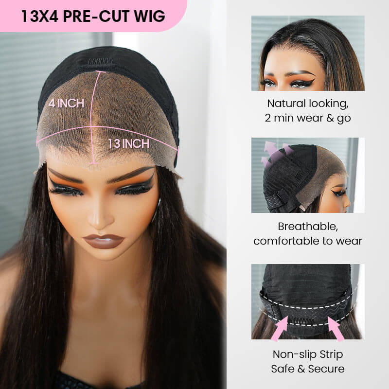 QVR Glueless Blonde Highlight Silky Straight 13x4 Pre-Cut Lace Frontal Wig Human Hair Wigs