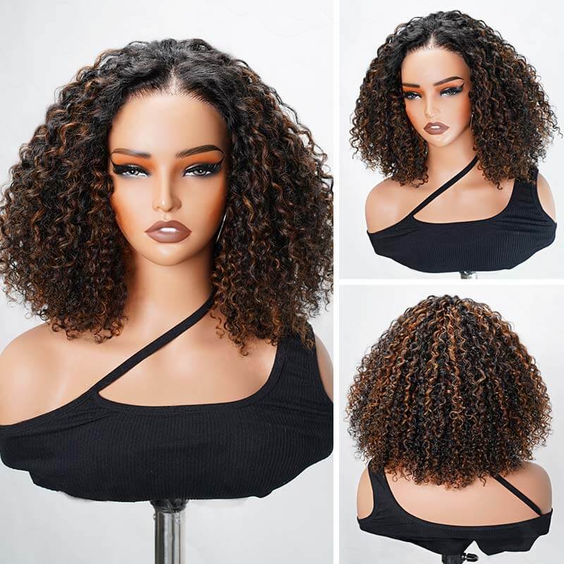 QVR Glueless Brown Highlight Short Bob Wig Deep Wave 5x5 Pre-cut Lace Closure Human Hair Wigs