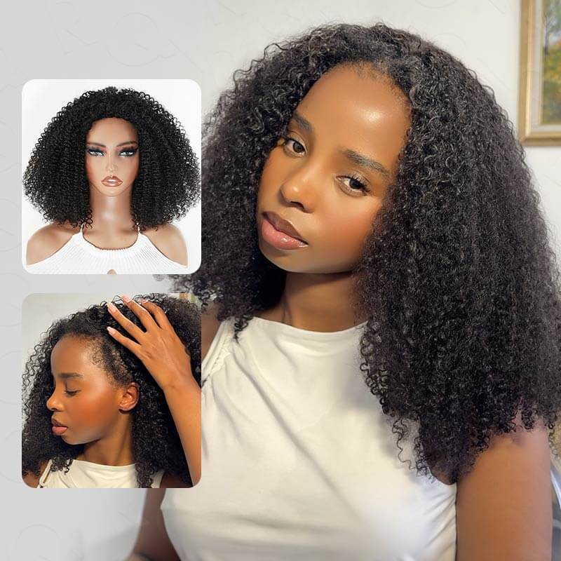 QVR Glueless Ombre Brown Blonde Kinky Curly Half Wig with Black Roots 250% Density Human Hair Wig #T1B/30/27 Wear Go Flip Over Wig