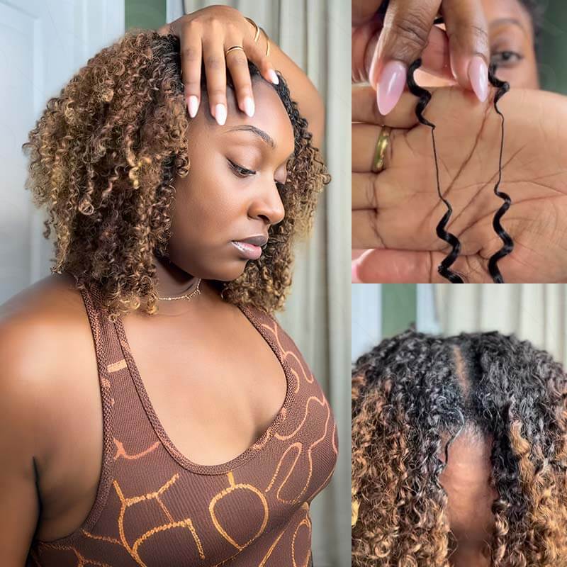 QVR Ombre #T1B/30/27 Small Kinky Curly Machine Made Feather Crochet Human Hair Extensions