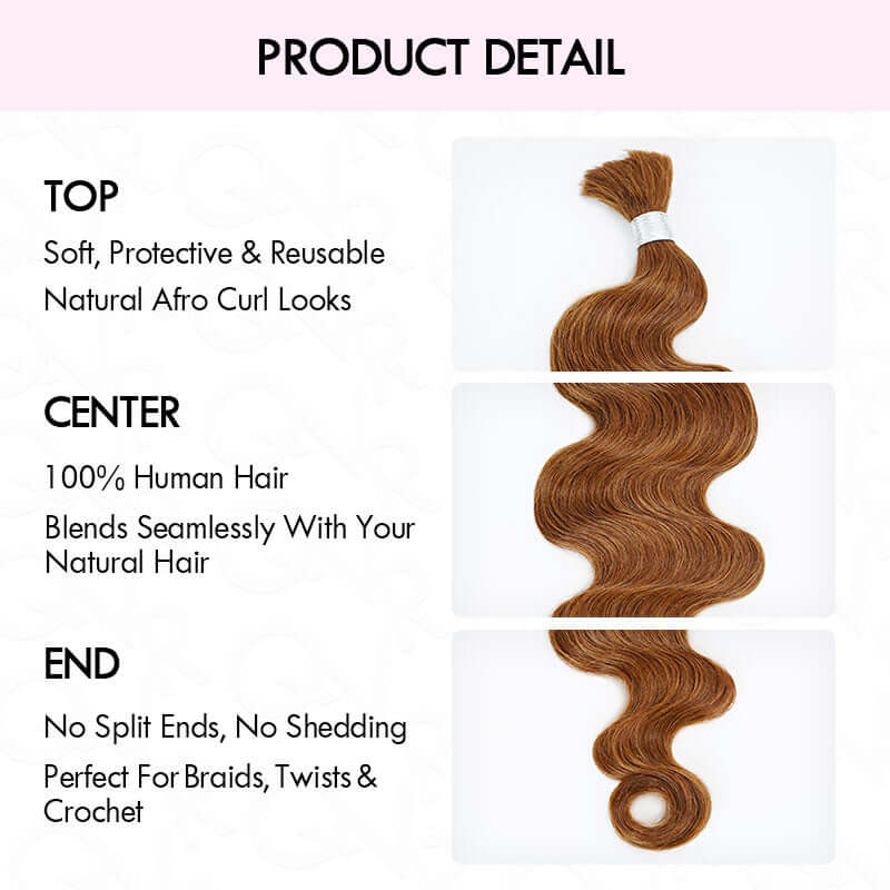 QVR Body Wave Boho Knotless Braids Human Bulk Hair Auburn Brown Human Braiding Hair Extensions