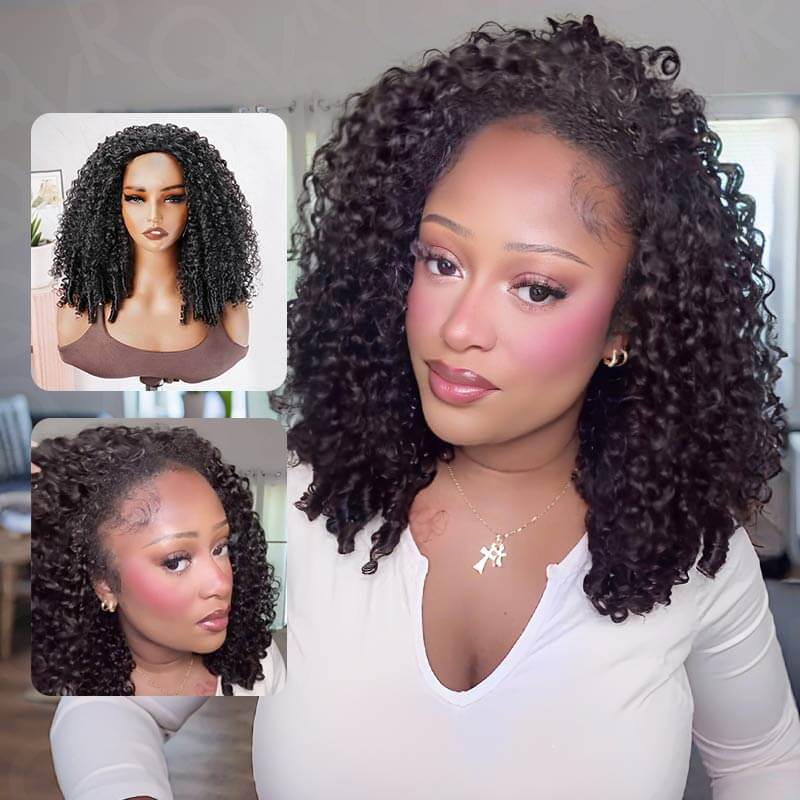 QVR Glueless Water Wave Half Wig 250% Density Human Hair Wig Natural Black Wear Go Flip Over Wig