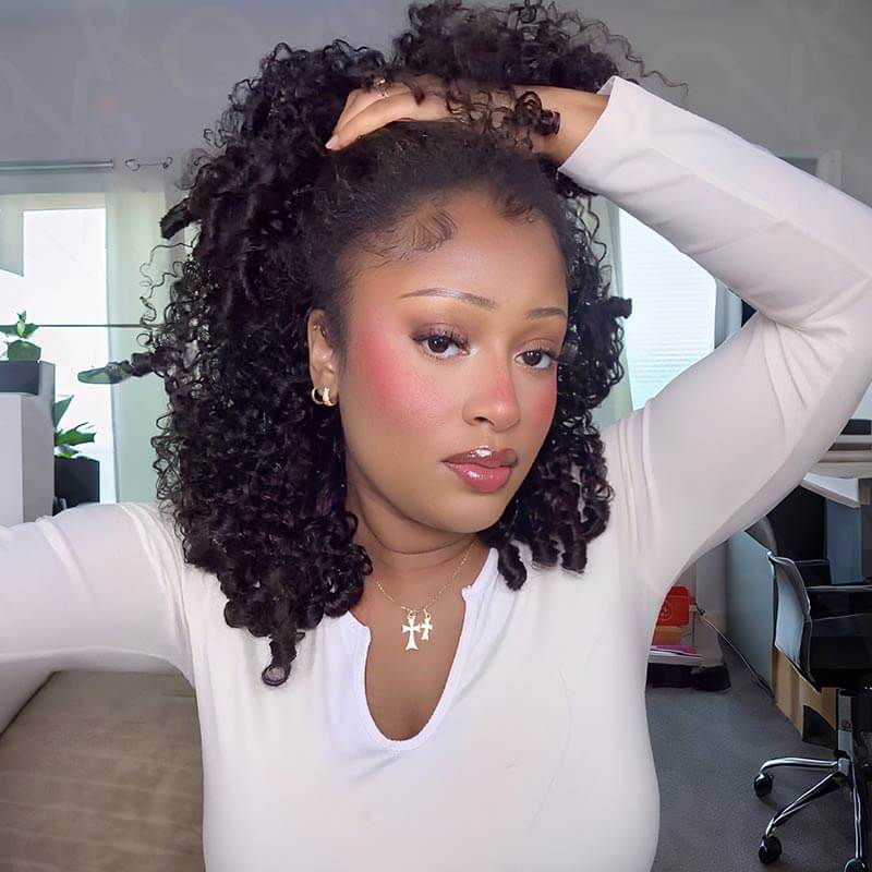 QVR Glueless Burmese Curly Half Wig 250% Density Human Hair Wig Wear Go Flip Over Wig