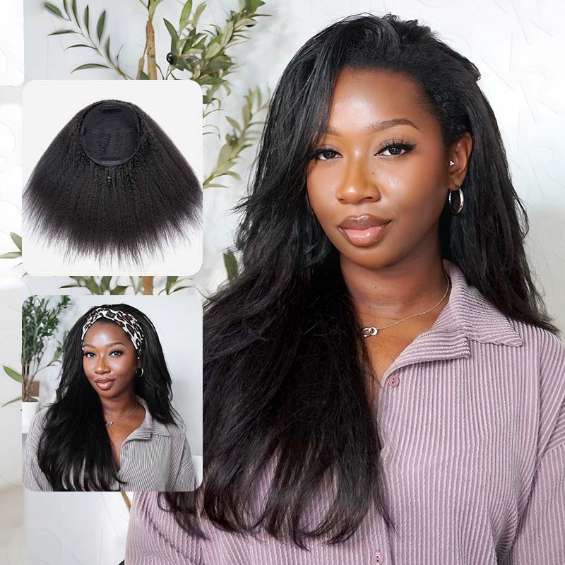 QVR Glueless Kinky Straight Half Wig With Spiral Curl 250% Density Human Hair Wig Natural Black Wear Go Flip Over Wig