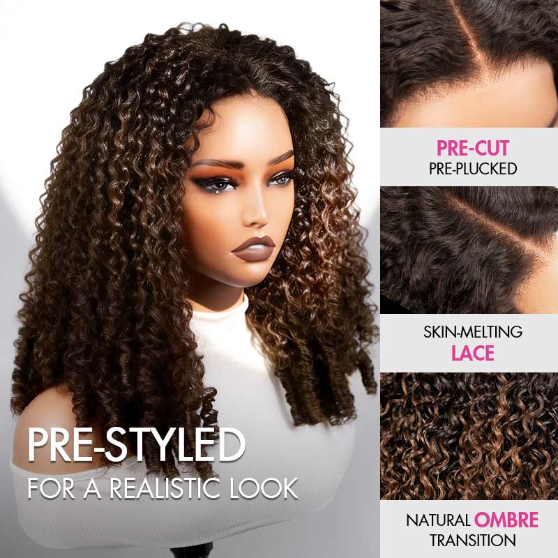 QVR Glueless Burmese Curly #T1B/4 Dark Brown 5X5 Pre-cut Lace Closure Wig with Black Roots Human Hair Wigs