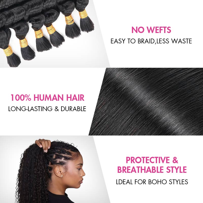 QVR Loose Deep Wave Boho Knotless Braids with Spring Curl Ends Natural Black Bulk Human Braiding Hair Extensions