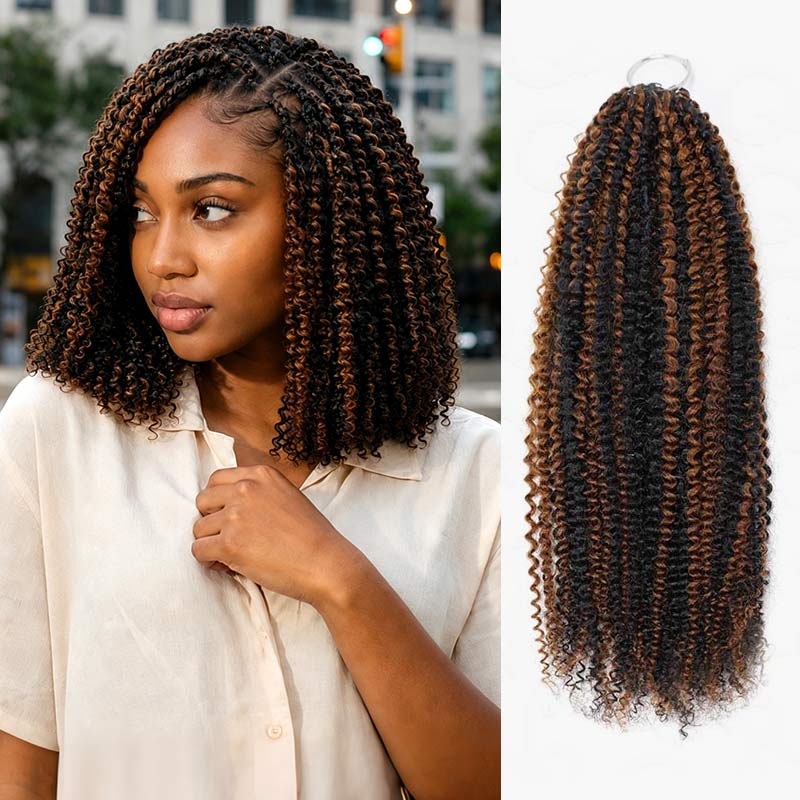QVR Brown Highlight Feather Crochet Human Hair #P1B/30 Afro Kinky Curly Machine Made Crochet Weave Hair Extensions