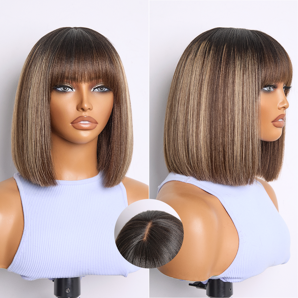 Put On and Go Realistic Glueless Yaki Straight Bob with Bangs Minimalist Lace Wig 100% Human Hair