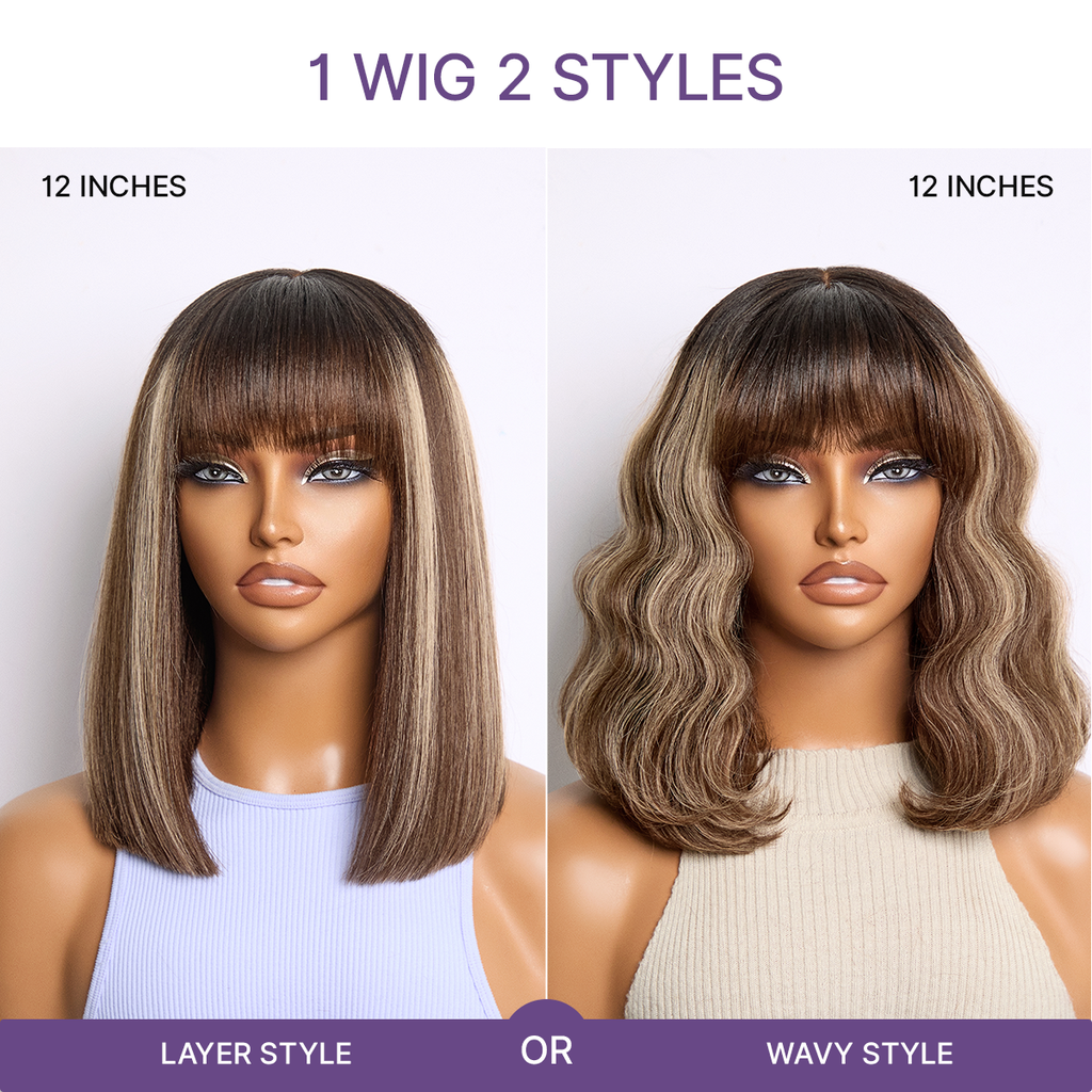 Put On and Go Realistic Glueless Yaki Straight Bob with Bangs Minimalist Lace Wig 100% Human Hair