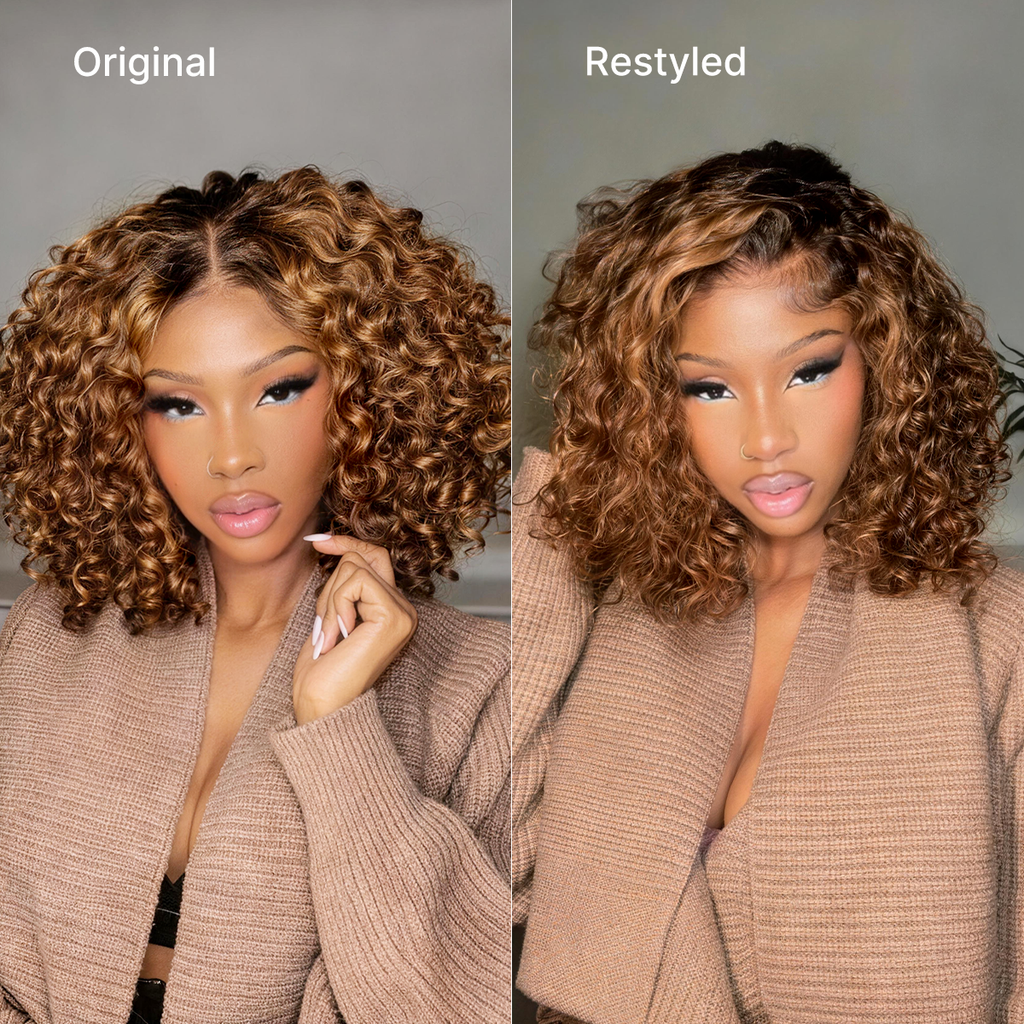 Warm Caramel Brown / Natural Black Deep Curly Glueless 5x5 Closure Pre-Cut Lace Wig