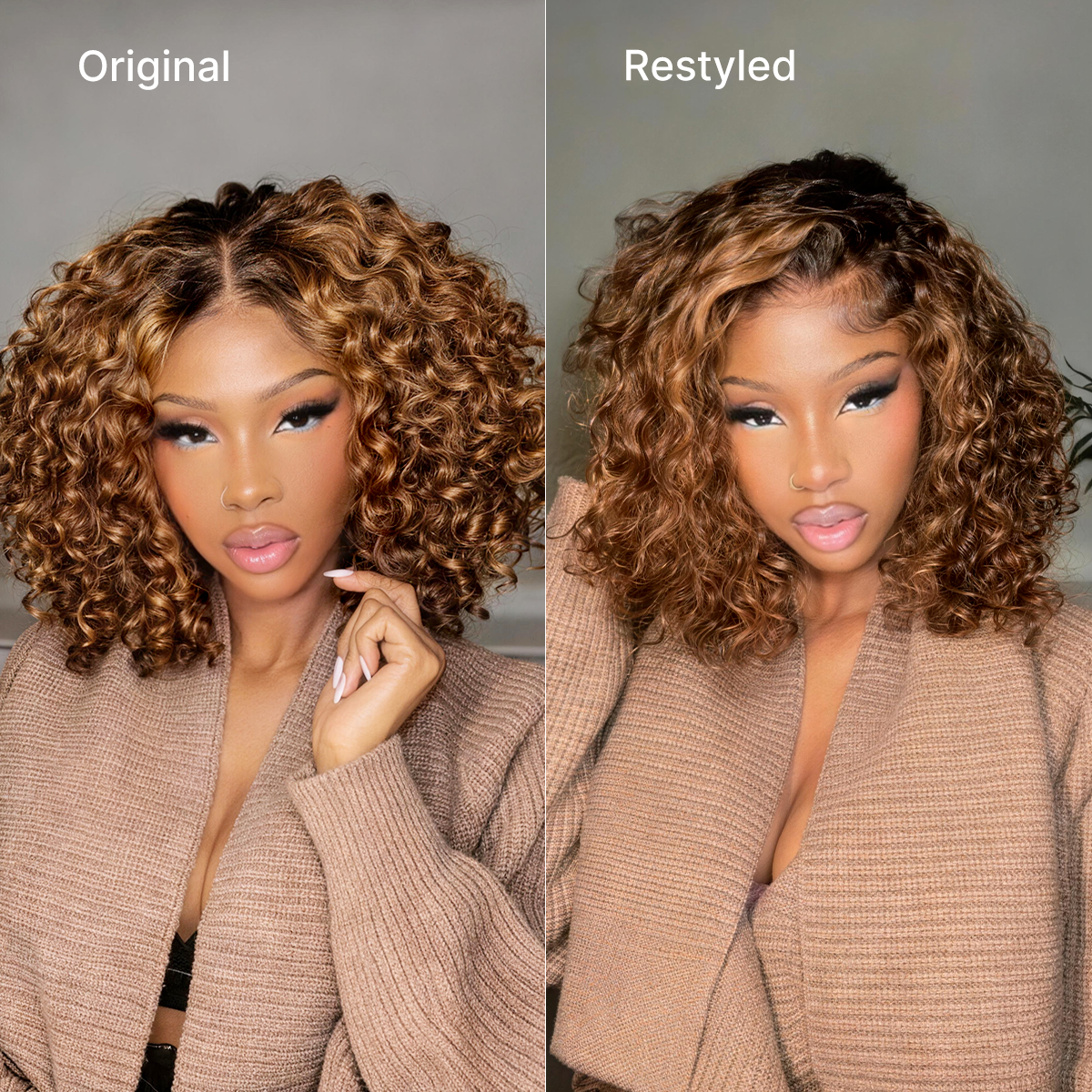 Warm Caramel Brown / Natural Black Deep Curly Glueless 5x5 Closure Pre-Cut Lace Wig