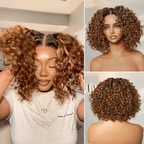 Warm Caramel Brown / Natural Black Deep Curly Glueless 5x5 Closure Pre-Cut Lace Wig