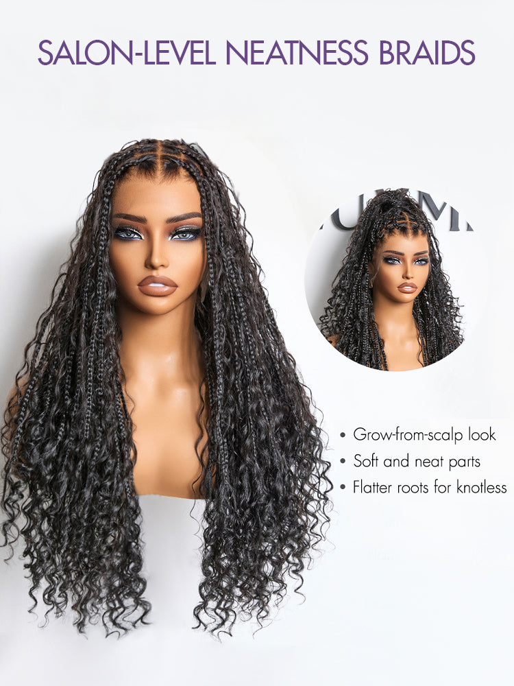OwnScalp™  Light Weight Flexi-Fit Invisi Drawstring Cap Full Lace Knotless Boho Curls Braided Long Wig Super Natural Scalp Pre-Cut Lace