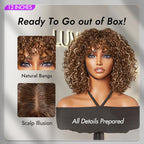 Beginner Friendly Ash Blonde Highlights Water Wave True Scalp Minimalist Lace Glueless Curly Wig with Bangs