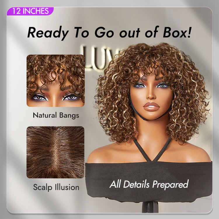 Beginner Friendly Ash Blonde Highlights Water Wave True Scalp Minimalist Lace Glueless Curly Wig with Bangs